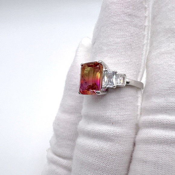 .925 Sterling Silver Padparadscha Sapphire Cz Ring - Picture 15 of 17